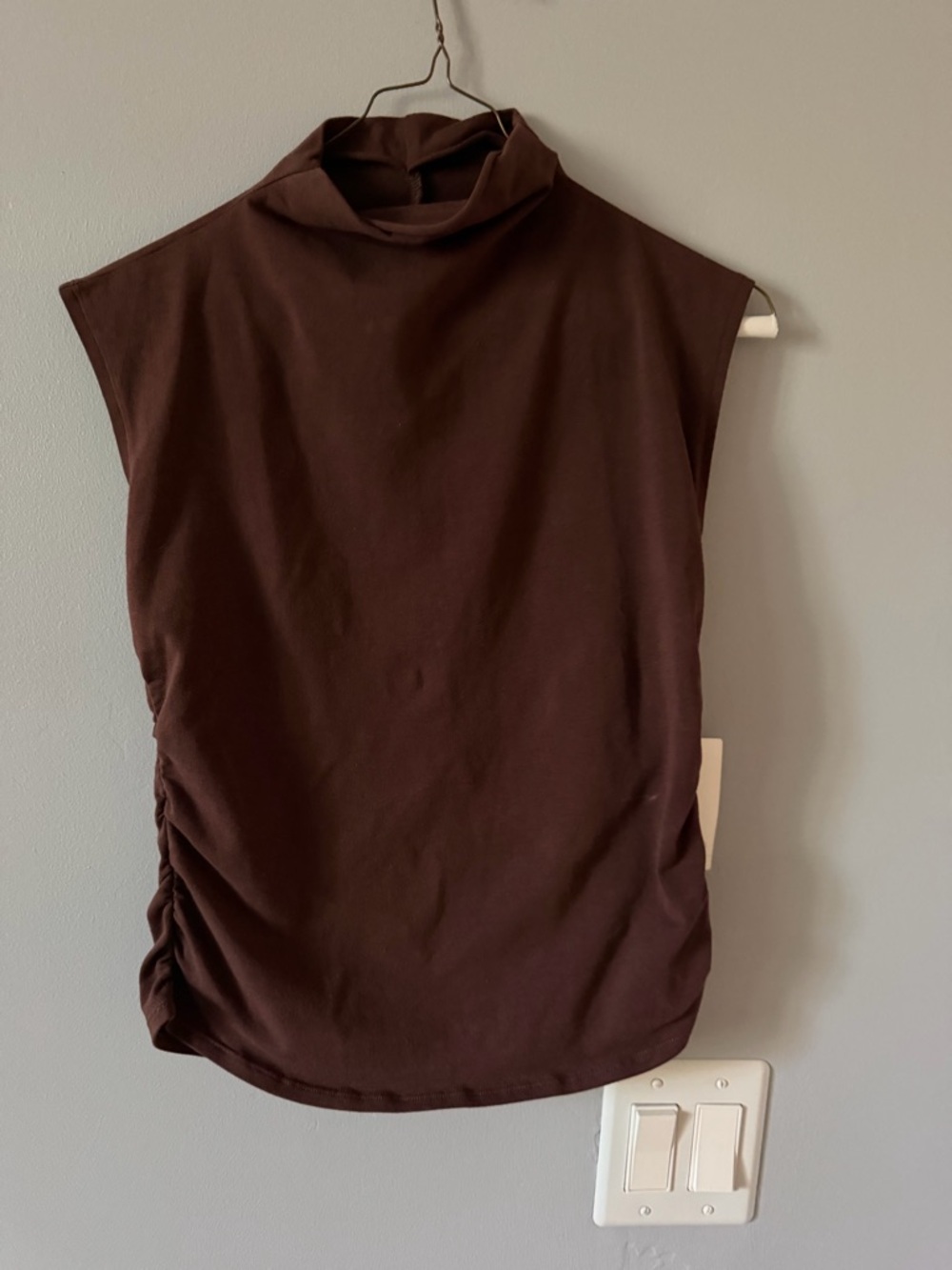 Quince Mock Neck Tank with Side Ruching in Dark Brown